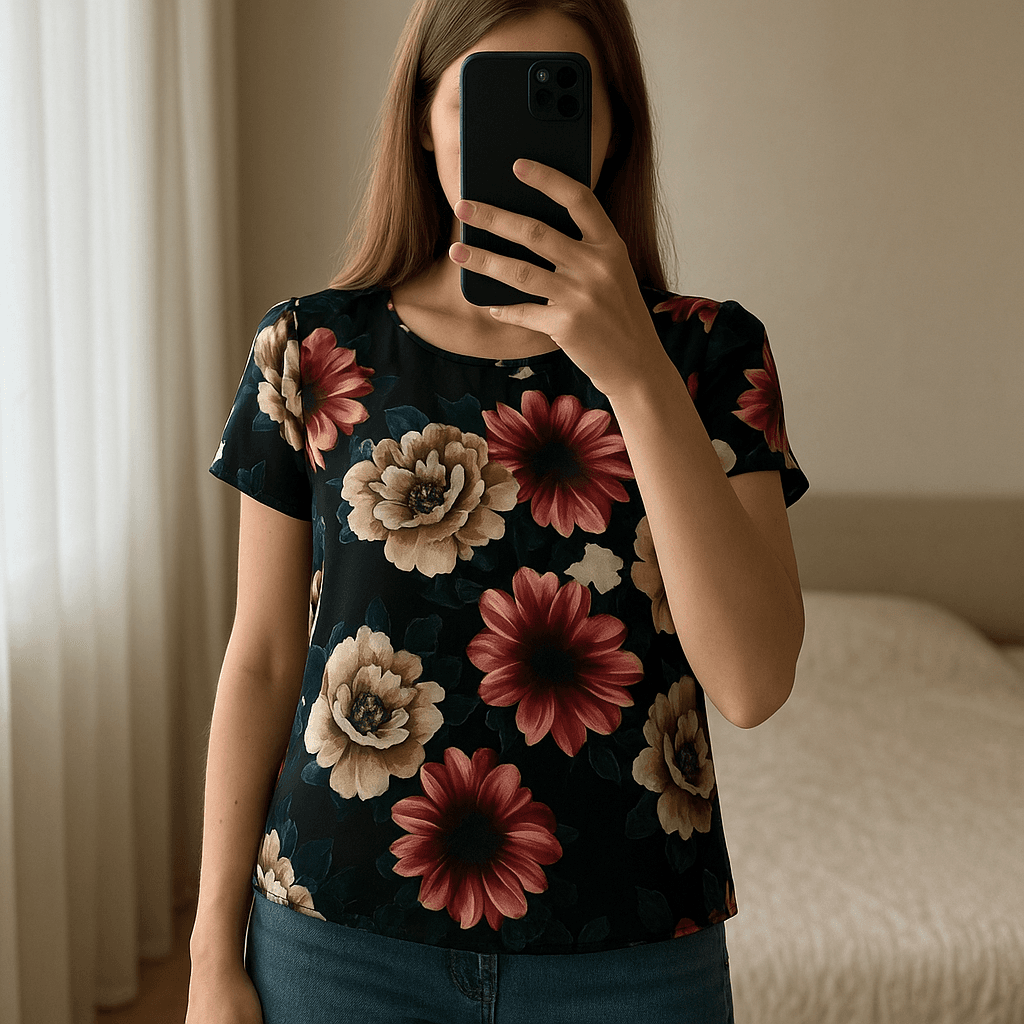 Top a fiori in piedi, rivolto verso la fotocamera, in una camera da letto con luce soffusa e luce naturale che filtra dalla finestra.