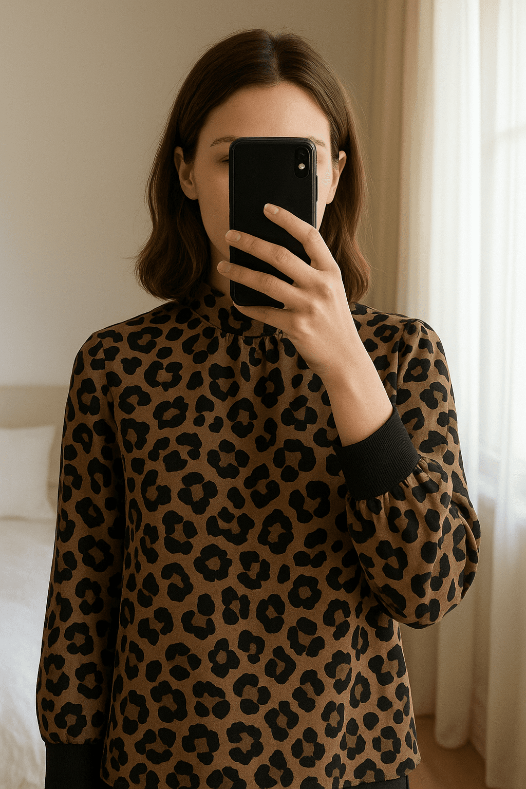 Blusa Hobbs London estampado leopardo talla uk10 es38 de pie, mirando a la cámara, en un dormitorio con luz suave y natural filtrándose por la ventana.