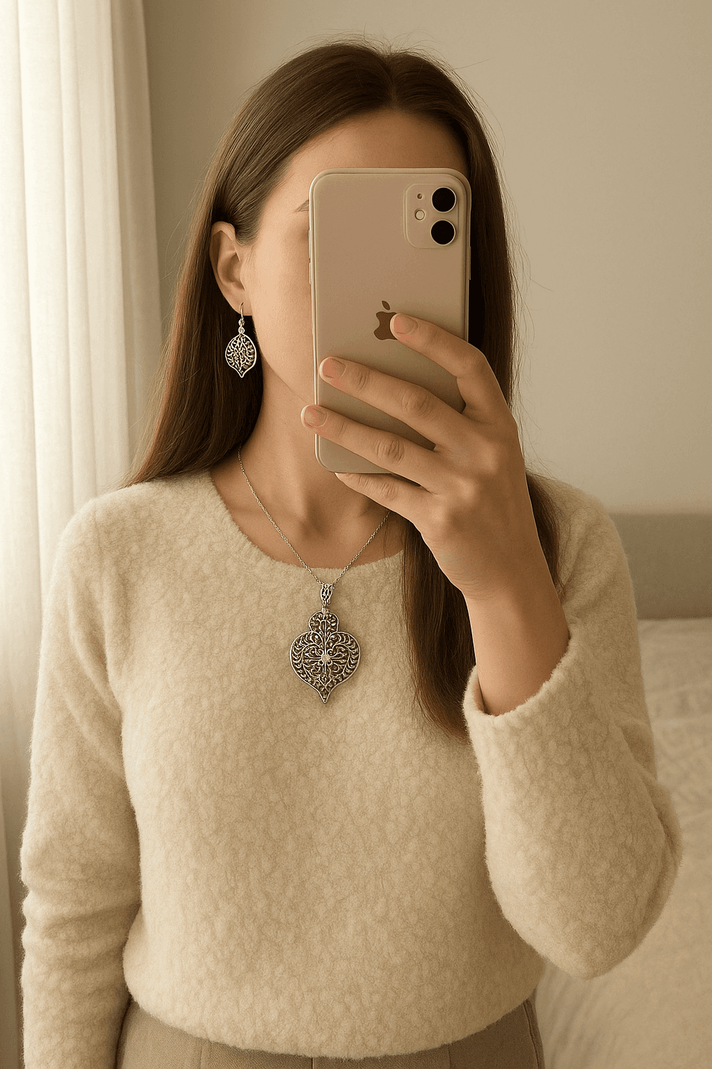 Pendente Prata Coração de Viana em Filigrana Portuguesa em pé, de frente para a câmera, em um quarto com iluminação suave e luz natural filtrando pela janela.