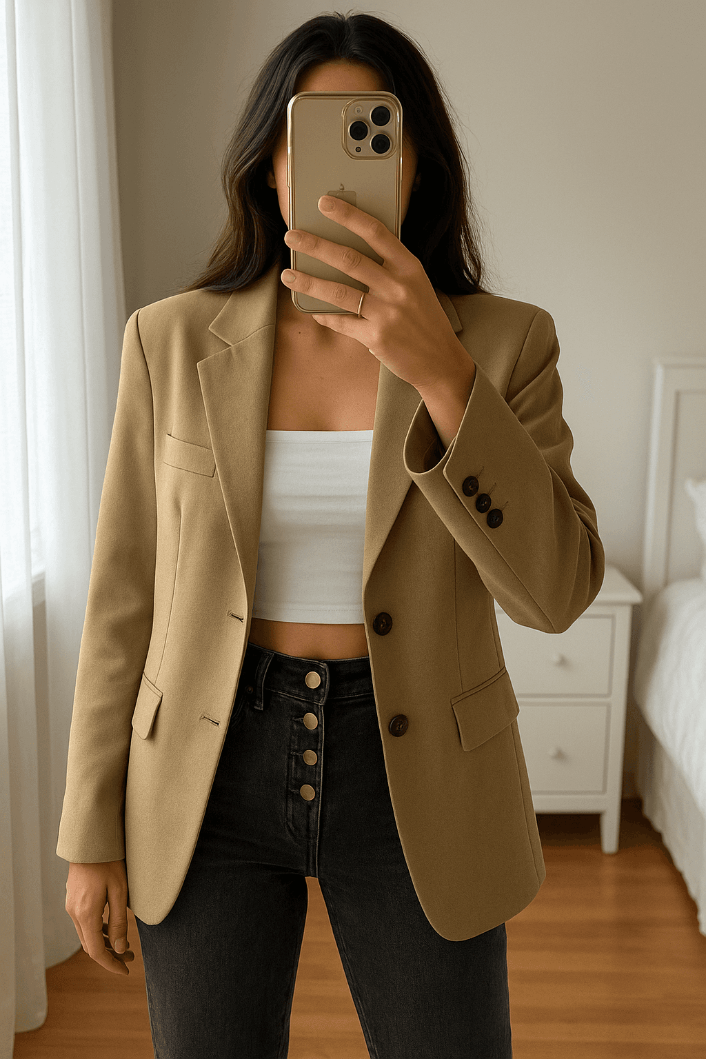 Blazer corte masculino en talla M Oversize de pie, mirando a la cámara, en un dormitorio con luz suave y natural filtrándose por la ventana.