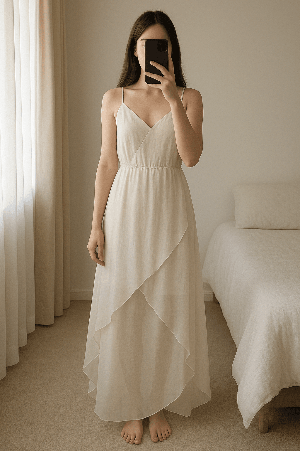 Robe taille 34 / Vestido talla XS de pie, mirando a la cámara, en un dormitorio con luz suave y natural filtrándose por la ventana.