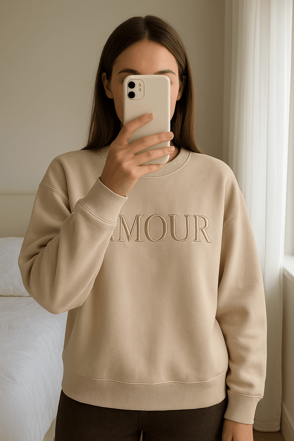 Sweat Mulher em pé, de frente para a câmera, em um quarto com iluminação suave e luz natural filtrando pela janela.