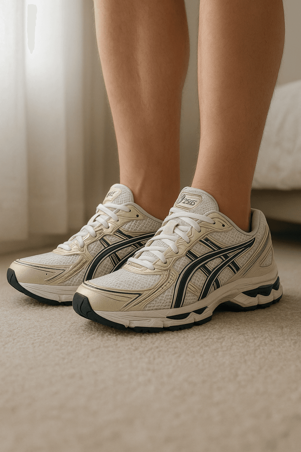 Asics kayano 14 taile:42 de pie, mirando a la cámara, en un dormitorio con luz suave y natural filtrándose por la ventana.