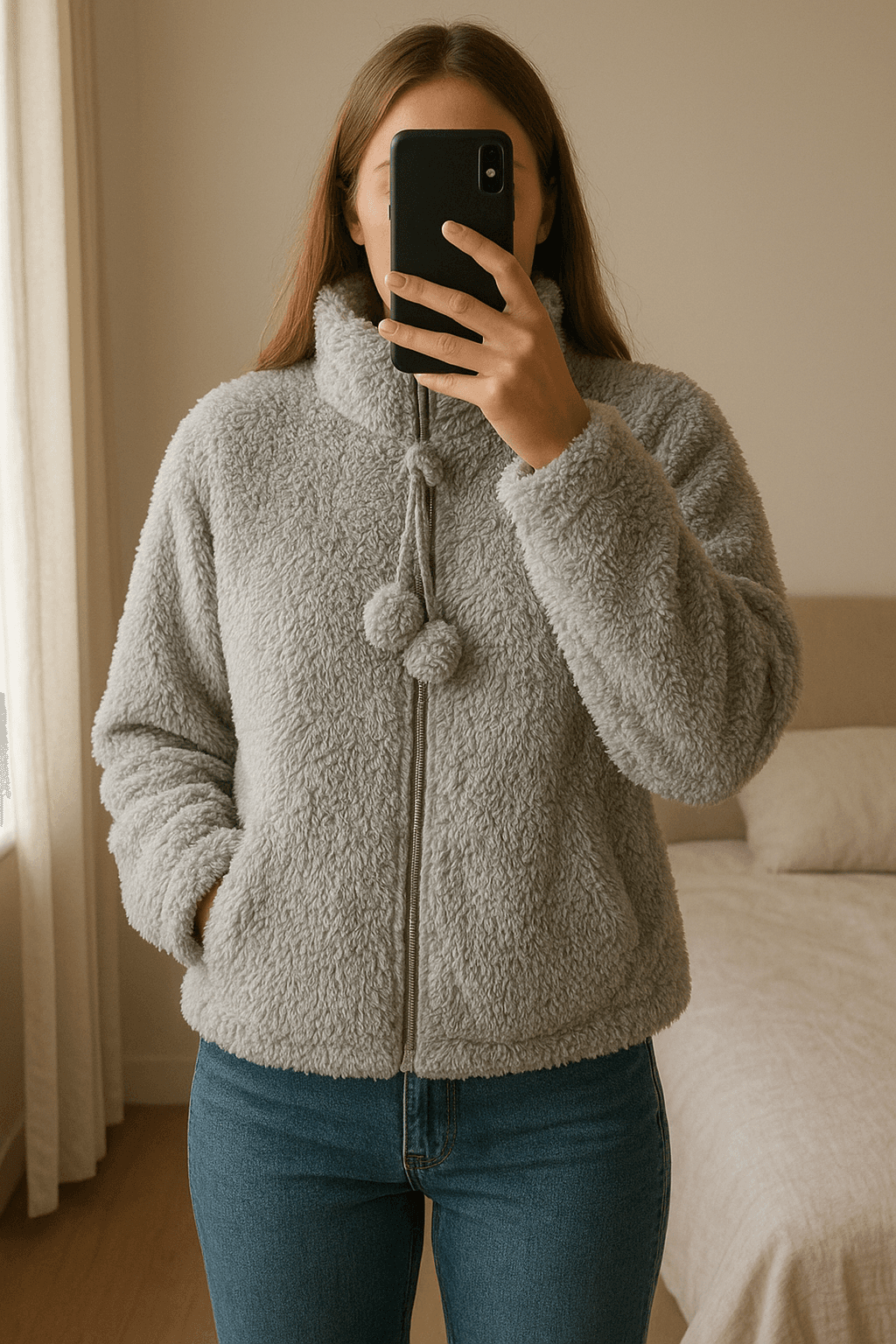 Chaqueta bata pelo gris de pie, mirando a la cámara, en un dormitorio con luz suave y natural filtrándose por la ventana.