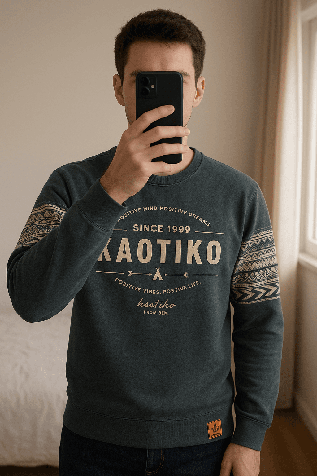 Sudadera Kaotico Barcelona de pie, mirando a la cámara, en un dormitorio con luz suave y natural filtrándose por la ventana.