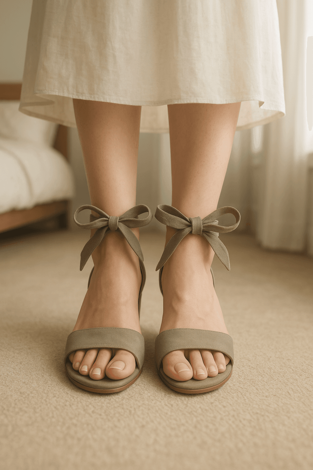 Sandalias Nude de piel de Gloria Ortiz Talla 38 Made in Spain de pie, mirando a la cámara, en un dormitorio con luz suave y natural filtrándose por la ventana.