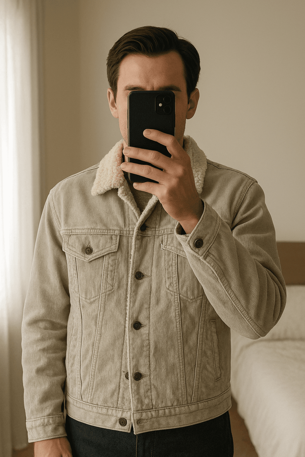 Veste en velours cotele Levis Vintage unisex taille M de pie, mirando a la cámara, en un dormitorio con luz suave y natural filtrándose por la ventana.