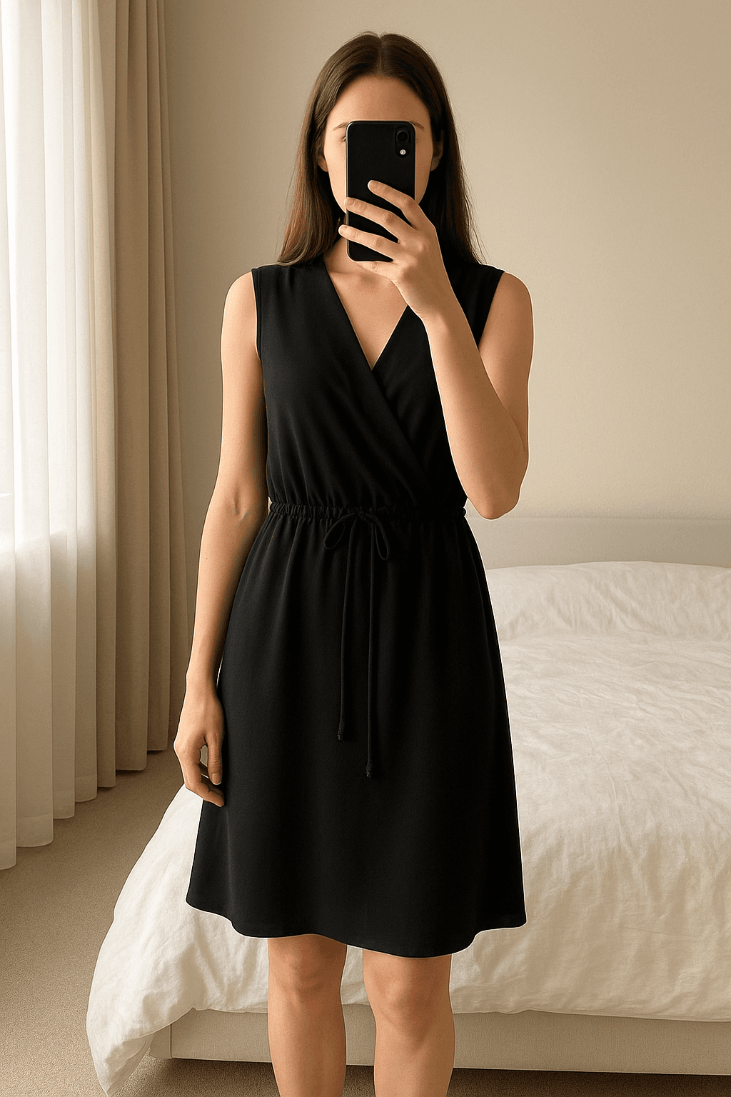 Vestido negro Oliver Bonas crepe cruzado talla uk8  Es36 de pie, mirando a la cámara, en un dormitorio con luz suave y natural filtrándose por la ventana.