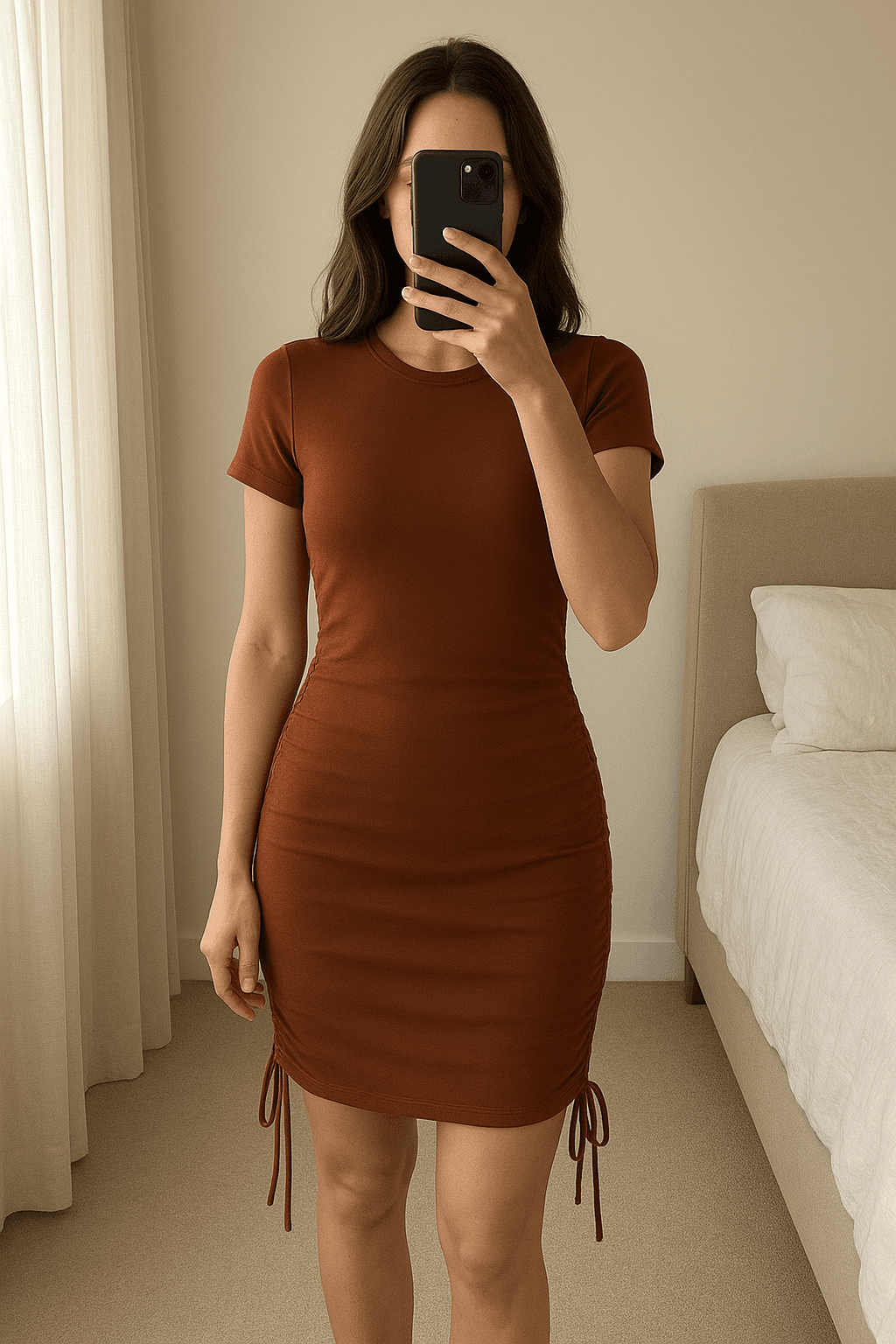 Robe taille 36  / vestido talla S de pie, mirando a la cámara, en un dormitorio con luz suave y natural filtrándose por la ventana.