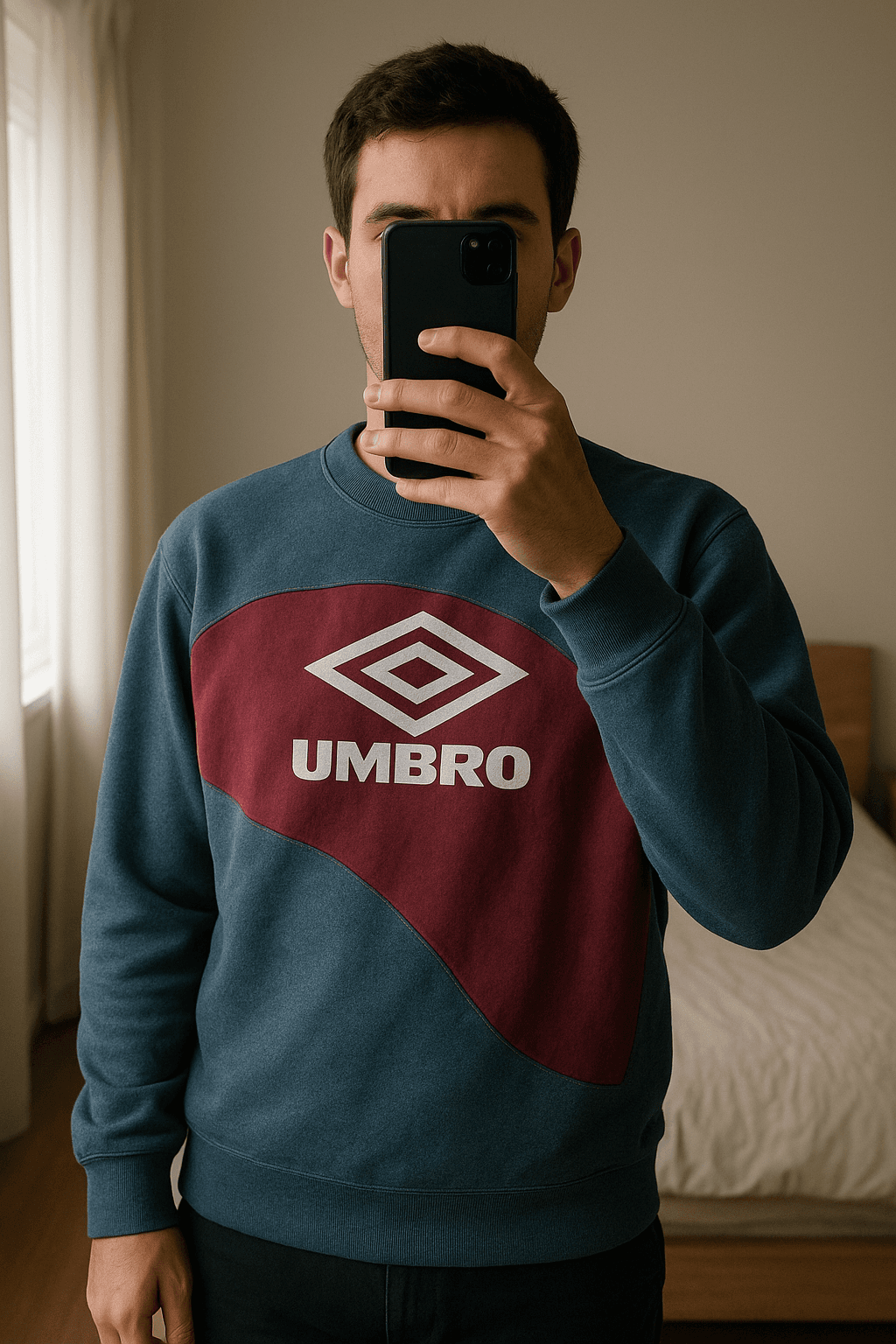 Umbro Sudadera Vintage 90s Hombre M Gris Rojo – Retro Old School Logo Grande Streetwear de pie, mirando a la cámara, en un dormitorio con luz suave y natural filtrándose por la ventana.