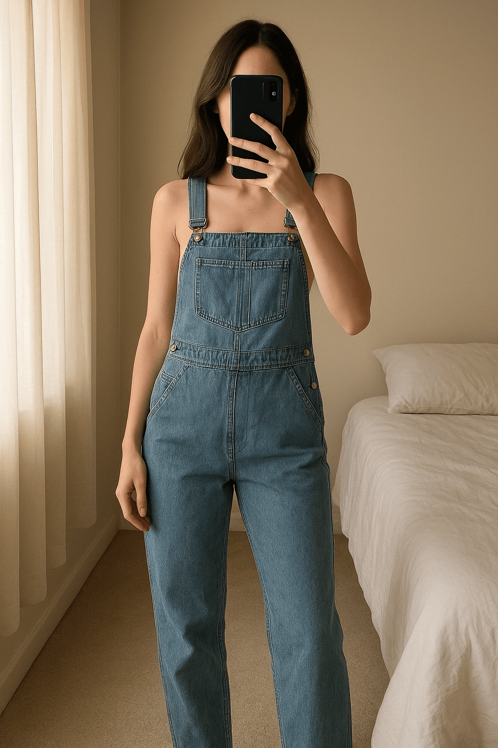 Una persona con Peto vaquero arqueando ligeramente la espalda para una pose dinámica, con tipo de cuerpo delgado, en un dormitorio con luz suave y natural filtrándose por la ventana.