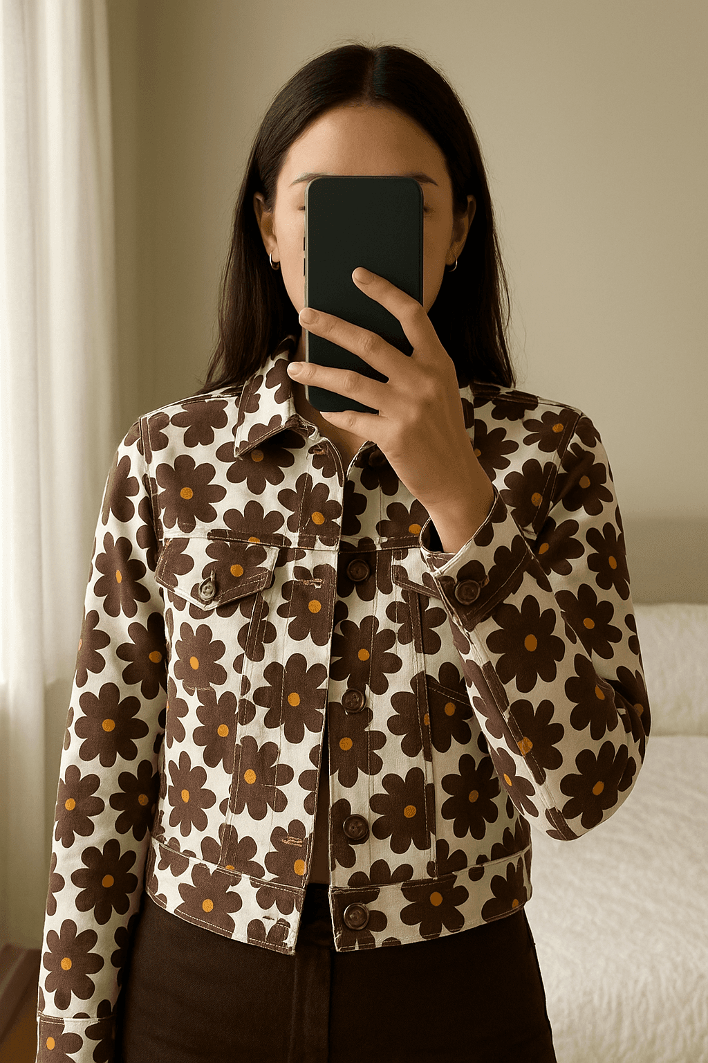 Cazadora Vaquera Brownie de pie, mirando a la cámara, en un dormitorio con luz suave y natural filtrándose por la ventana.