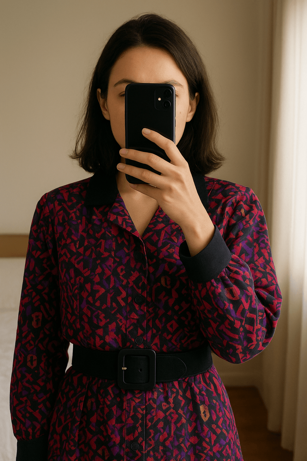 Chemisier veste vintage forme géométrique année 90 - ceinturé - Made in France - Taille 42 debout, face à la caméra, dans une chambre à la lumière douce, avec une lumière naturelle filtrant par la fenêtre.