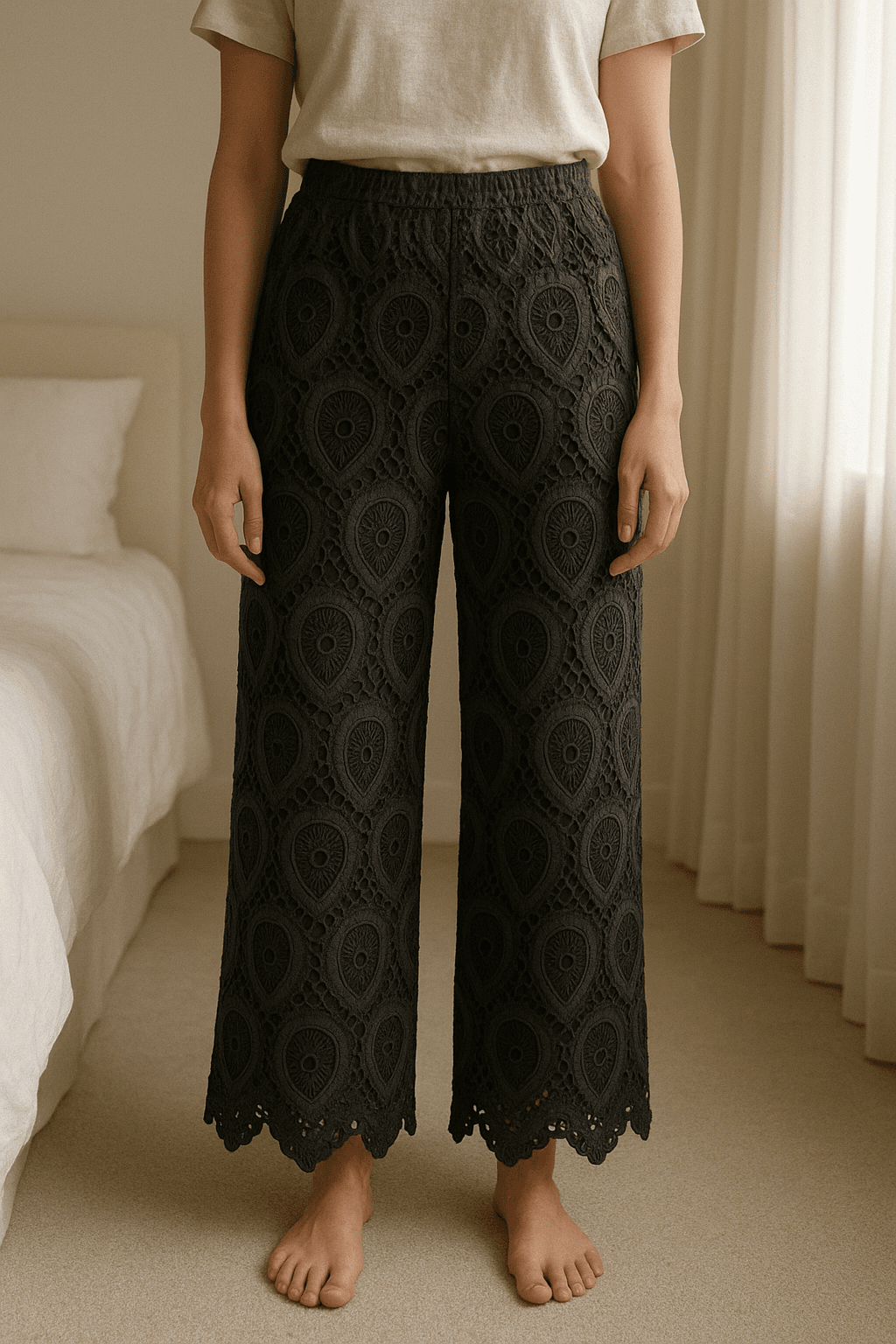 Falda brocada negra Zara de pie, mirando a la cámara, en un dormitorio con luz suave y natural filtrándose por la ventana.