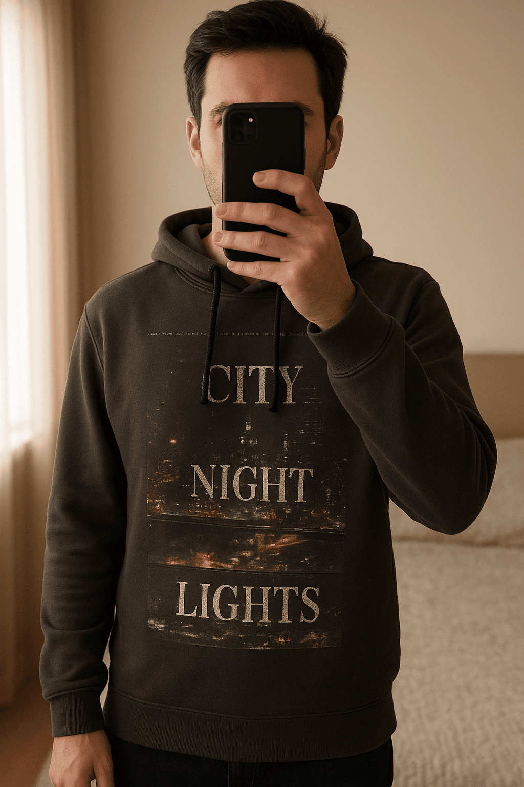 Sudadera con capucha de H&M de pie, mirando a la cámara, en un dormitorio con luz suave y natural filtrándose por la ventana.