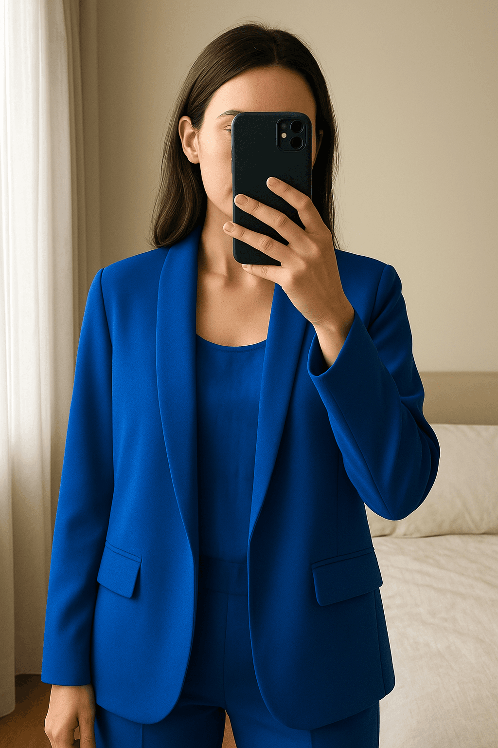 Blazer azul Klein de pie, mirando a la cámara, en un dormitorio con luz suave y natural filtrándose por la ventana.