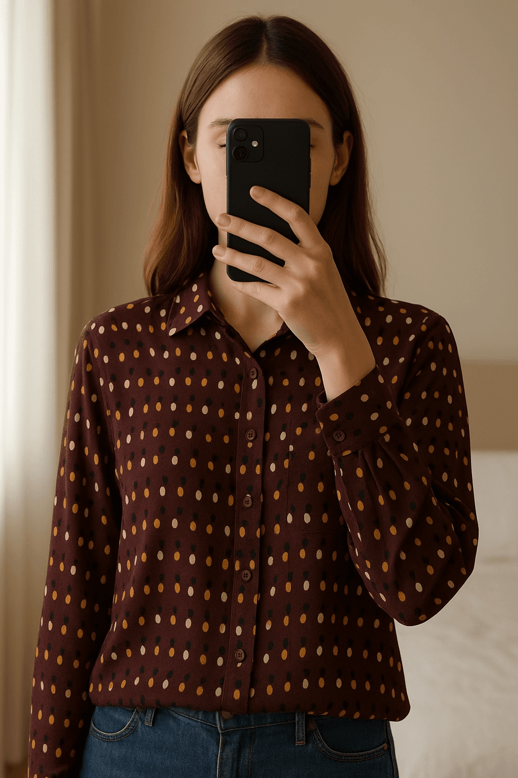 Camisa Blusa Burdeos Maroon de Equipment Femme talla S de pie, mirando a la cámara, en un dormitorio con luz suave y natural filtrándose por la ventana.