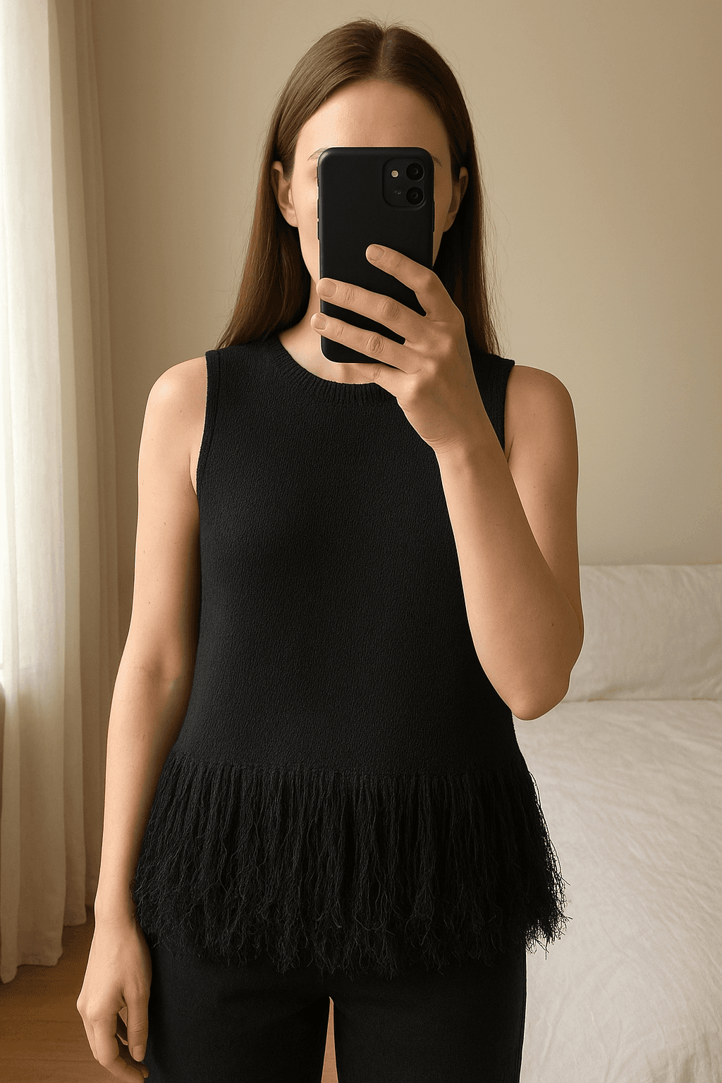 Top negro de punto de Country Road talla XS de pie, mirando a la cámara, en un dormitorio con luz suave y natural filtrándose por la ventana.