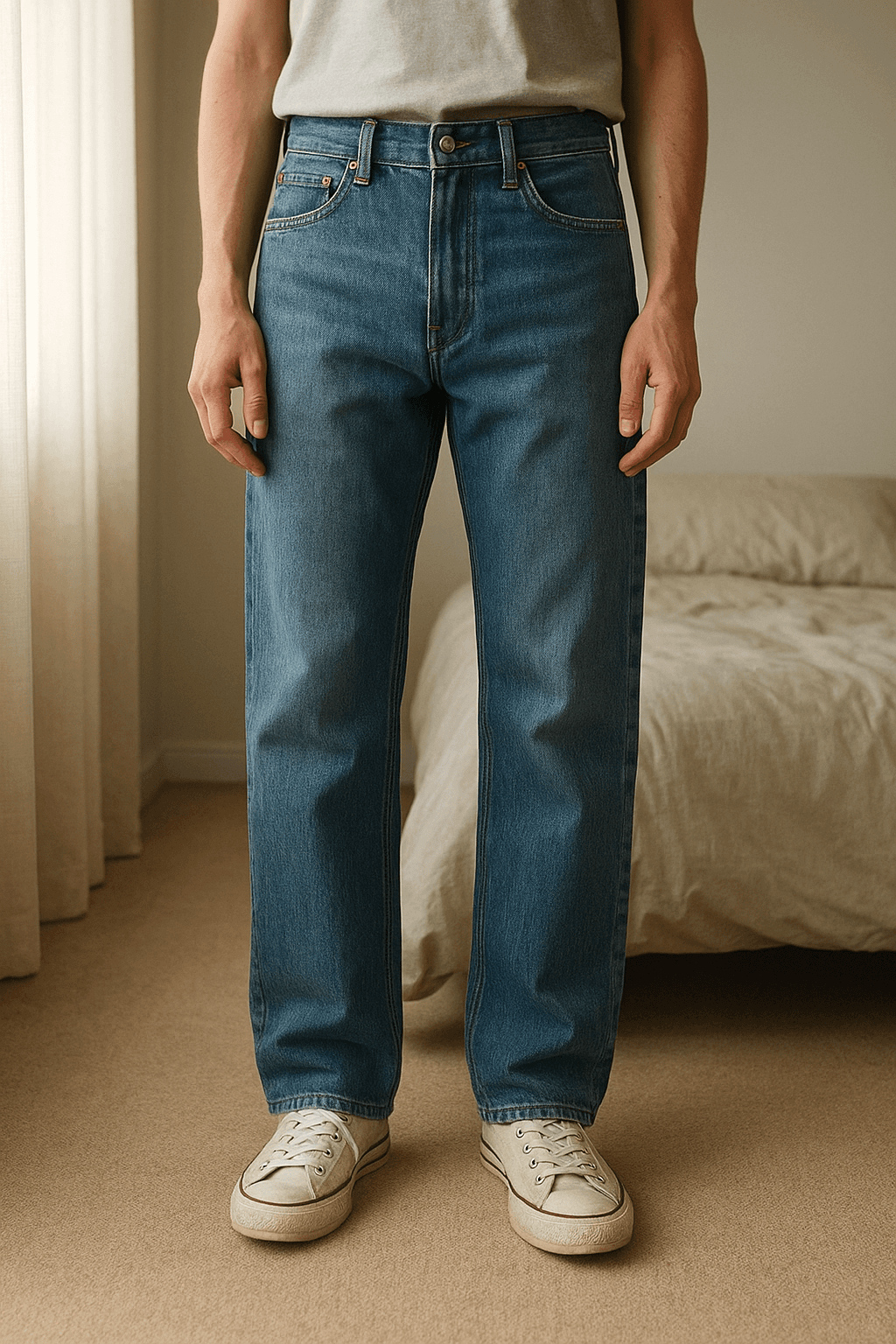 Jean Droit de pie, mirando a la cámara, en un dormitorio con luz suave y natural filtrándose por la ventana.