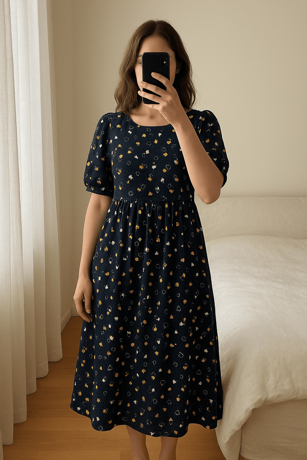 Jolie robe fleurie taille 8ans debout, face à la caméra, dans une chambre à la lumière douce, avec une lumière naturelle filtrant par la fenêtre.