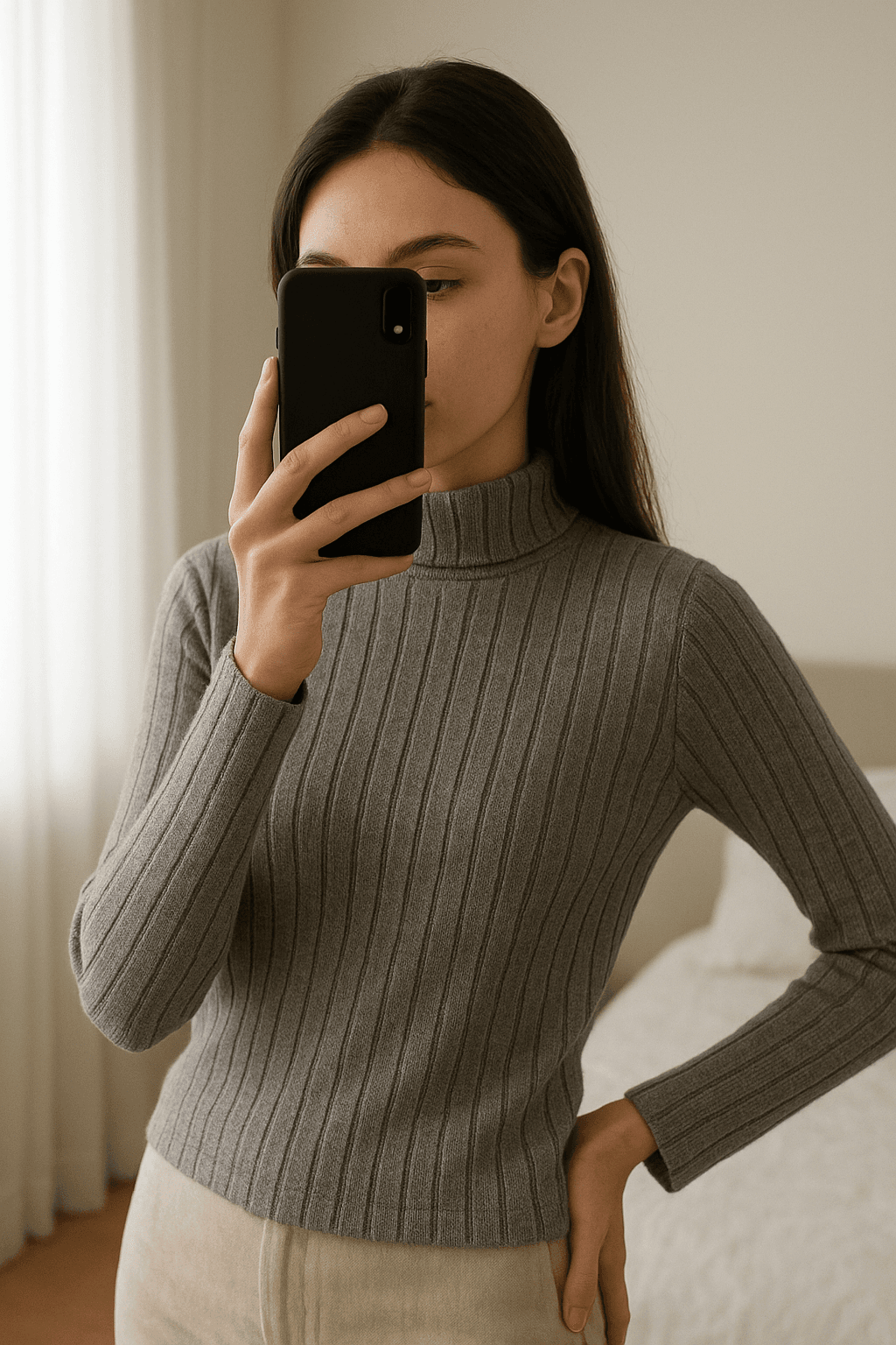 Una persona con Camiseta cuello alto calentita arqueando ligeramente la espalda para una pose dinámica, con tipo de cuerpo delgado, en un dormitorio con luz suave y natural filtrándose por la ventana.