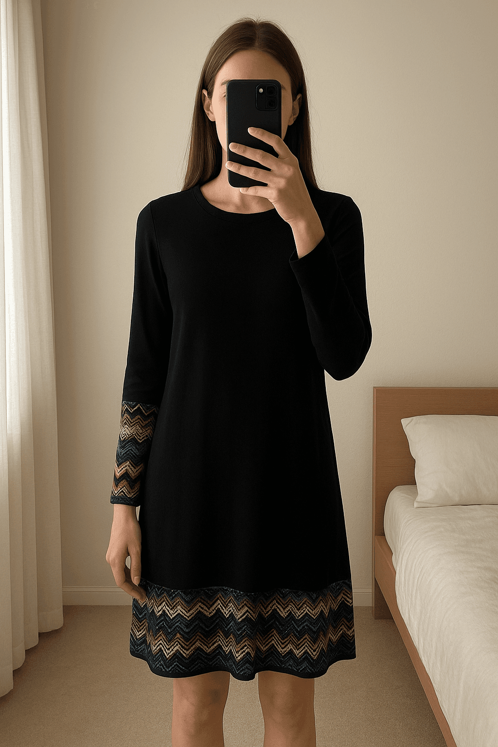 Vestido con mangas largas S de pie, mirando a la cámara, en un dormitorio con luz suave y natural filtrándose por la ventana.