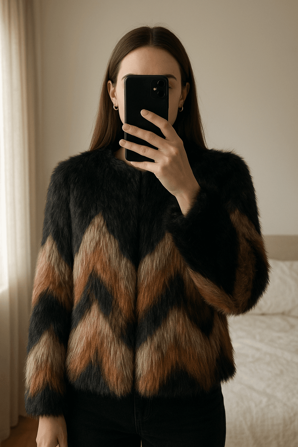 Cazadora efecto pelo de Stradivarius de pie, mirando a la cámara, en un dormitorio con luz suave y natural filtrándose por la ventana.