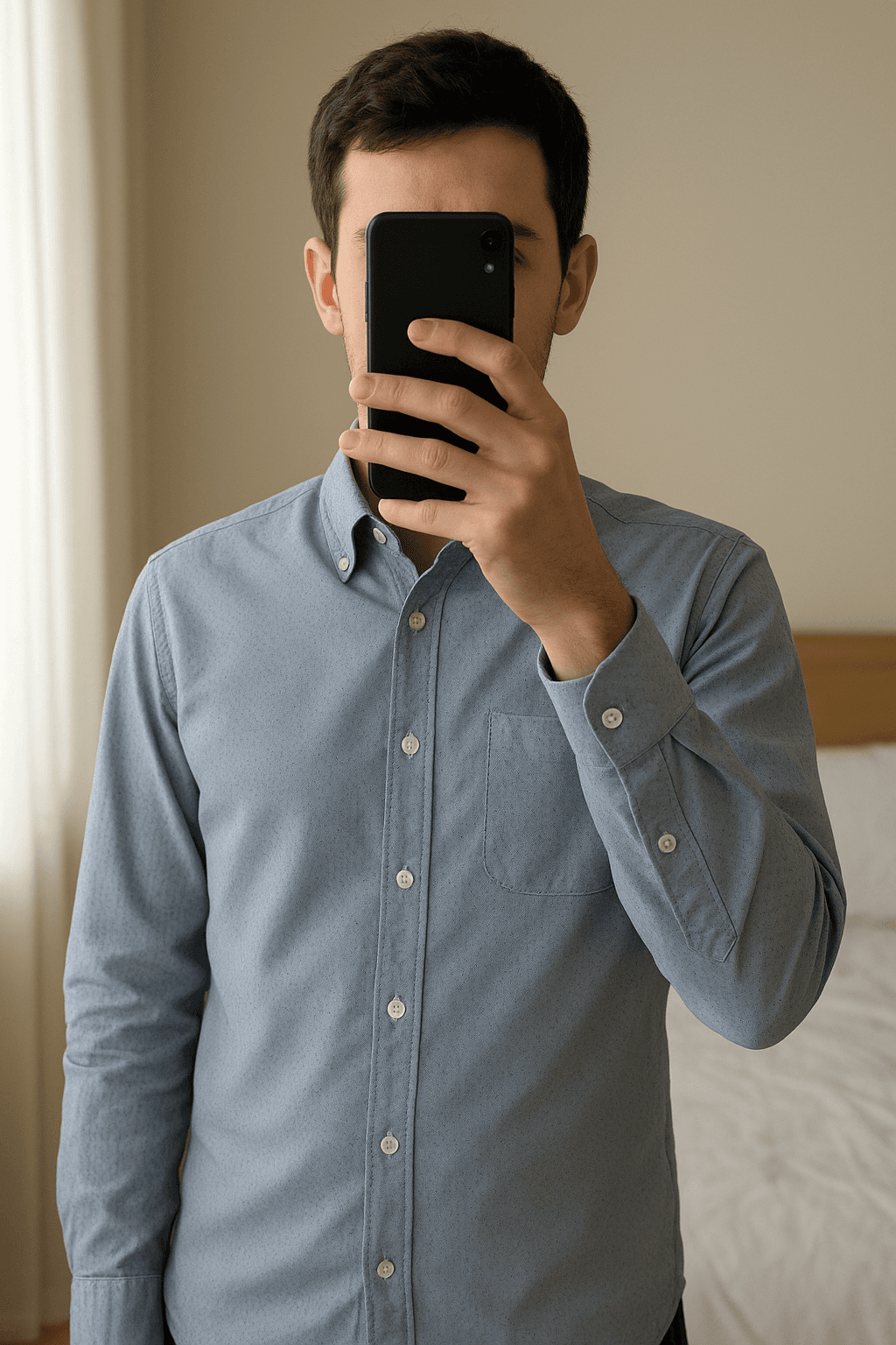 Camisa sin uso de pie, mirando a la cámara, en un dormitorio con luz suave y natural filtrándose por la ventana.