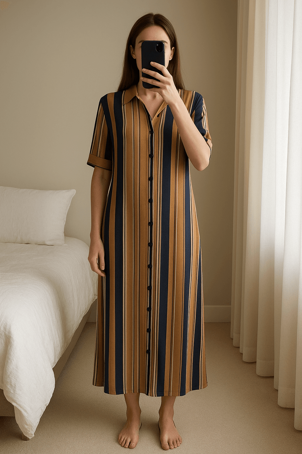 vestido midi camisero a rayas K-Design de pie, mirando a la cámara, en un dormitorio con luz suave y natural filtrándose por la ventana.