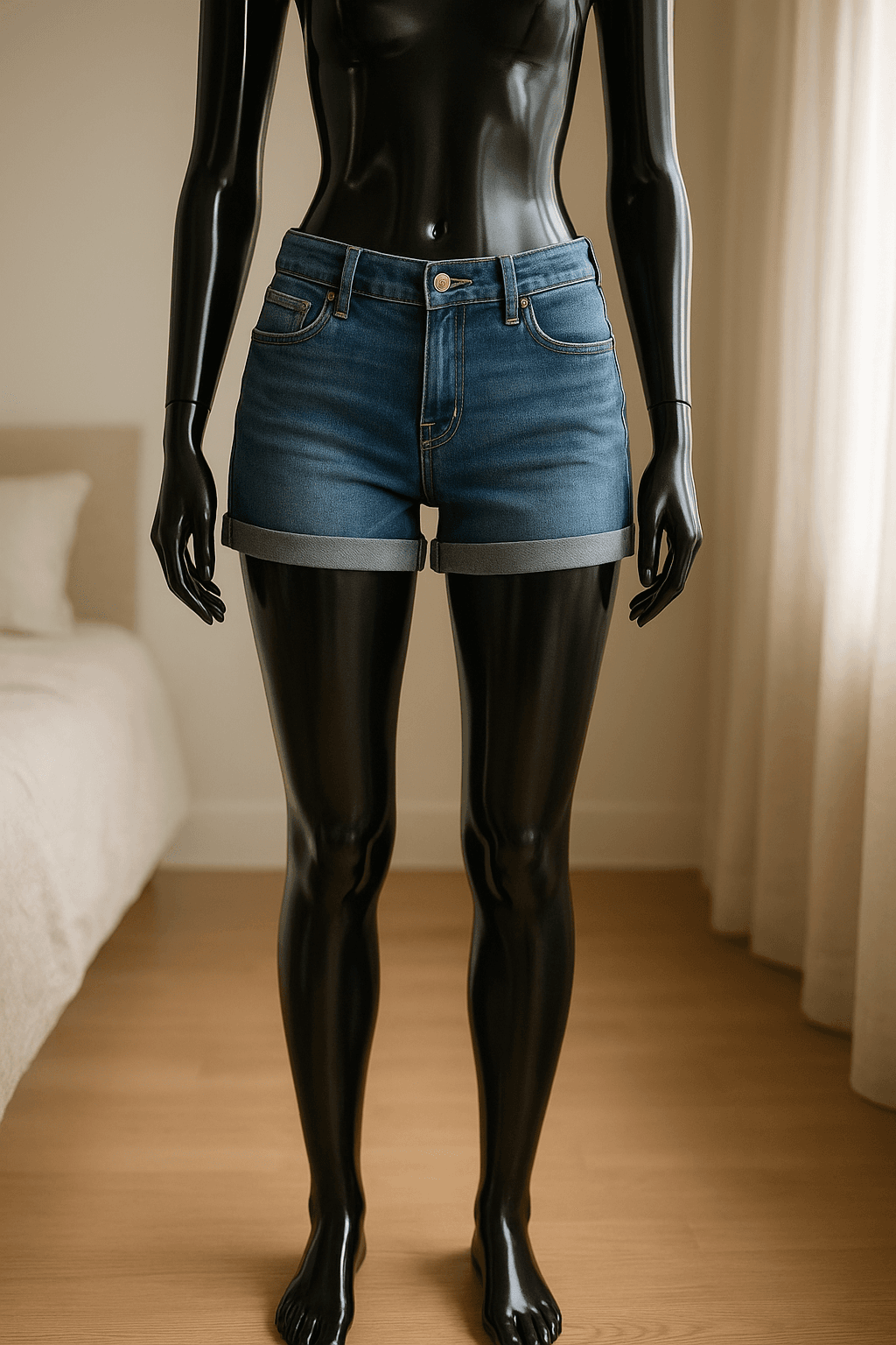 un maniquí negro brillante de plástico sin rasgos faciales con Short taille 36 / Pantalón corto talla S de pie, mirando a la cámara, con tipo de cuerpo delgado, en un dormitorio con luz suave y natural filtrándose por la ventana.