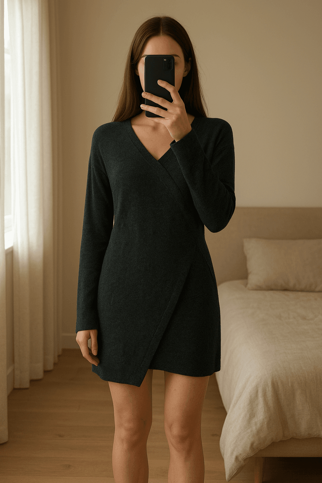 Robe Isabelle Marant anthracite debout, face à la caméra, dans une chambre à la lumière douce, avec une lumière naturelle filtrant par la fenêtre.