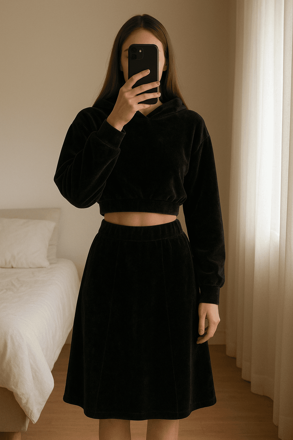 Velvet Tracksuit debout, face à la caméra, dans une chambre à la lumière douce, avec une lumière naturelle filtrant par la fenêtre.