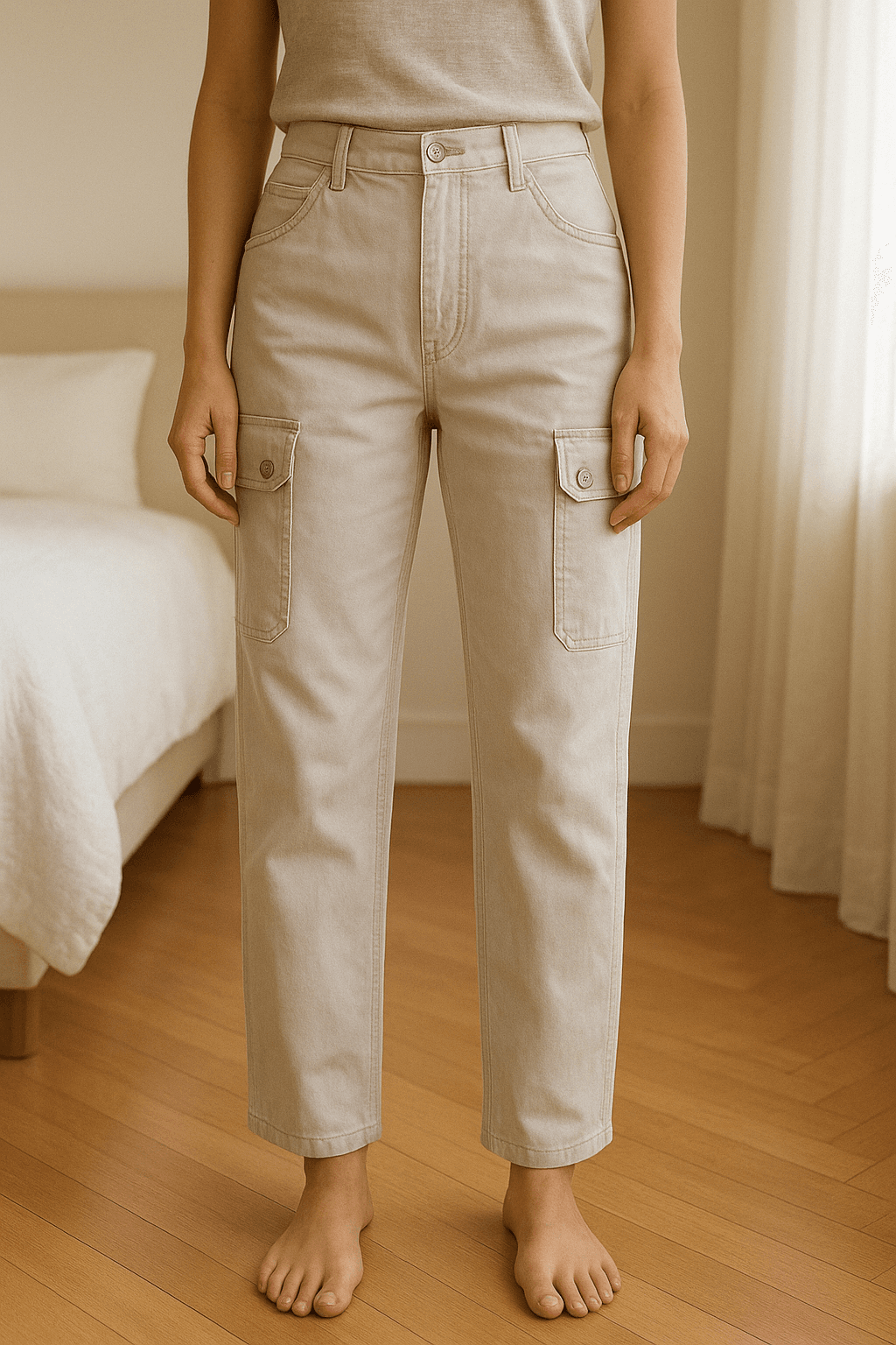 Pantalones noon cargo culotte de pie, mirando a la cámara, en un dormitorio con luz suave y natural filtrándose por la ventana.