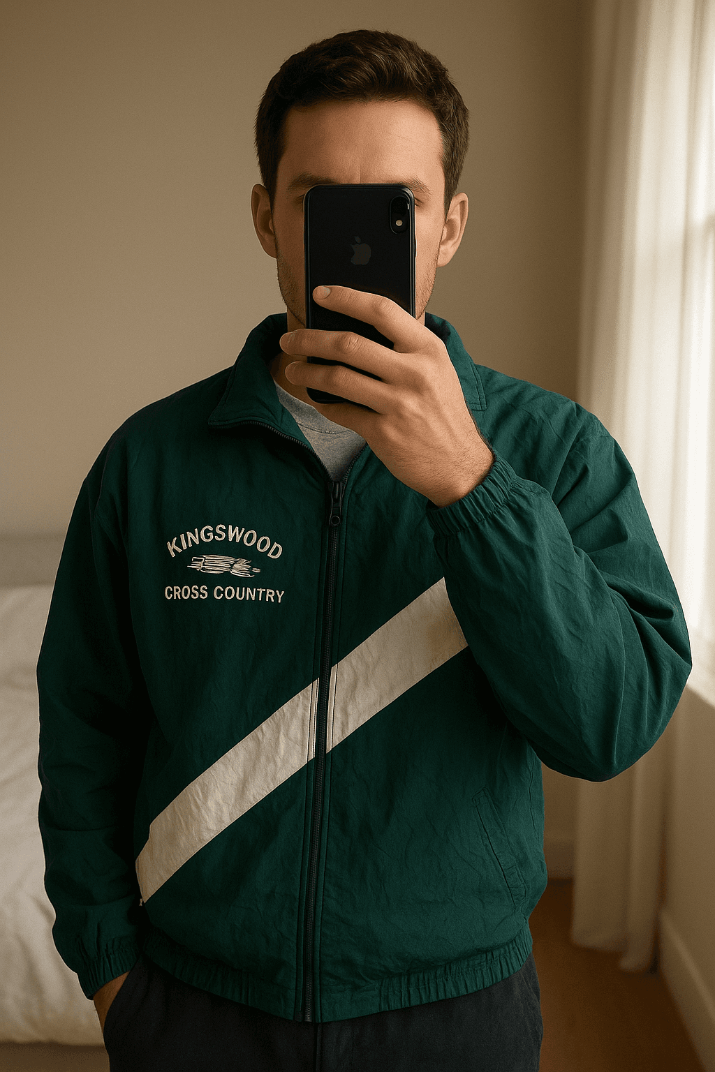 ⭐ Asics Windbreaker Jacket Retro Vintage Quality Premium Classic Y2K Limited Edition 80 de pie, mirando a la cámara, en un dormitorio con luz suave y natural filtrándose por la ventana.