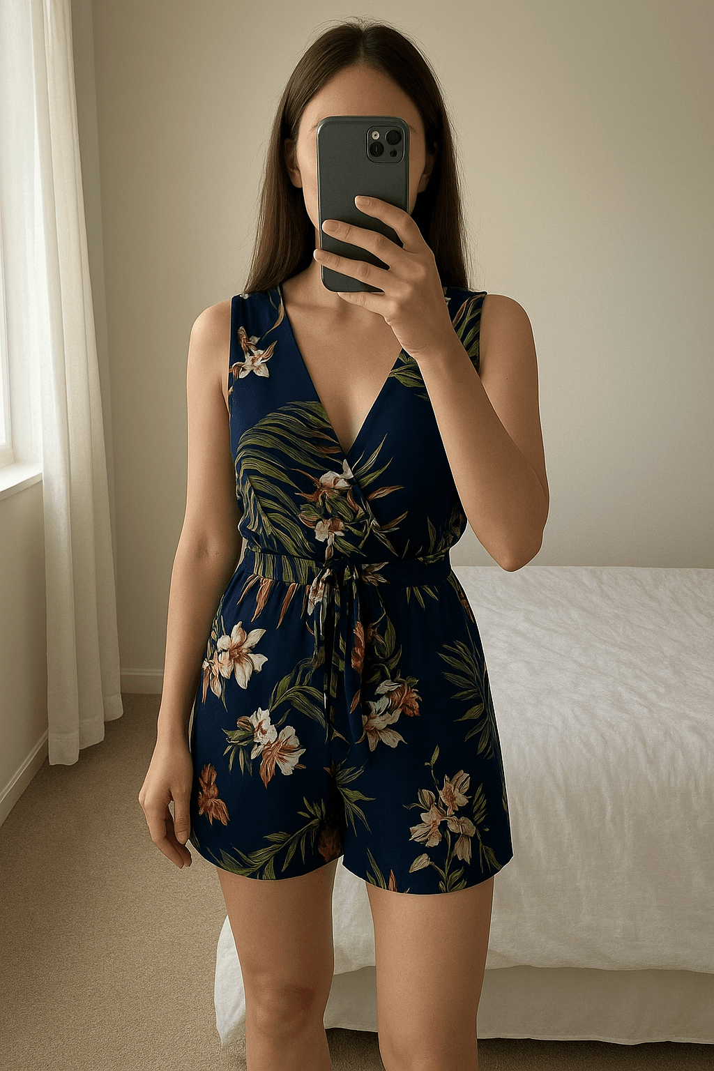 Combishort taille S de pie, mirando a la cámara, en un dormitorio con luz suave y natural filtrándose por la ventana.