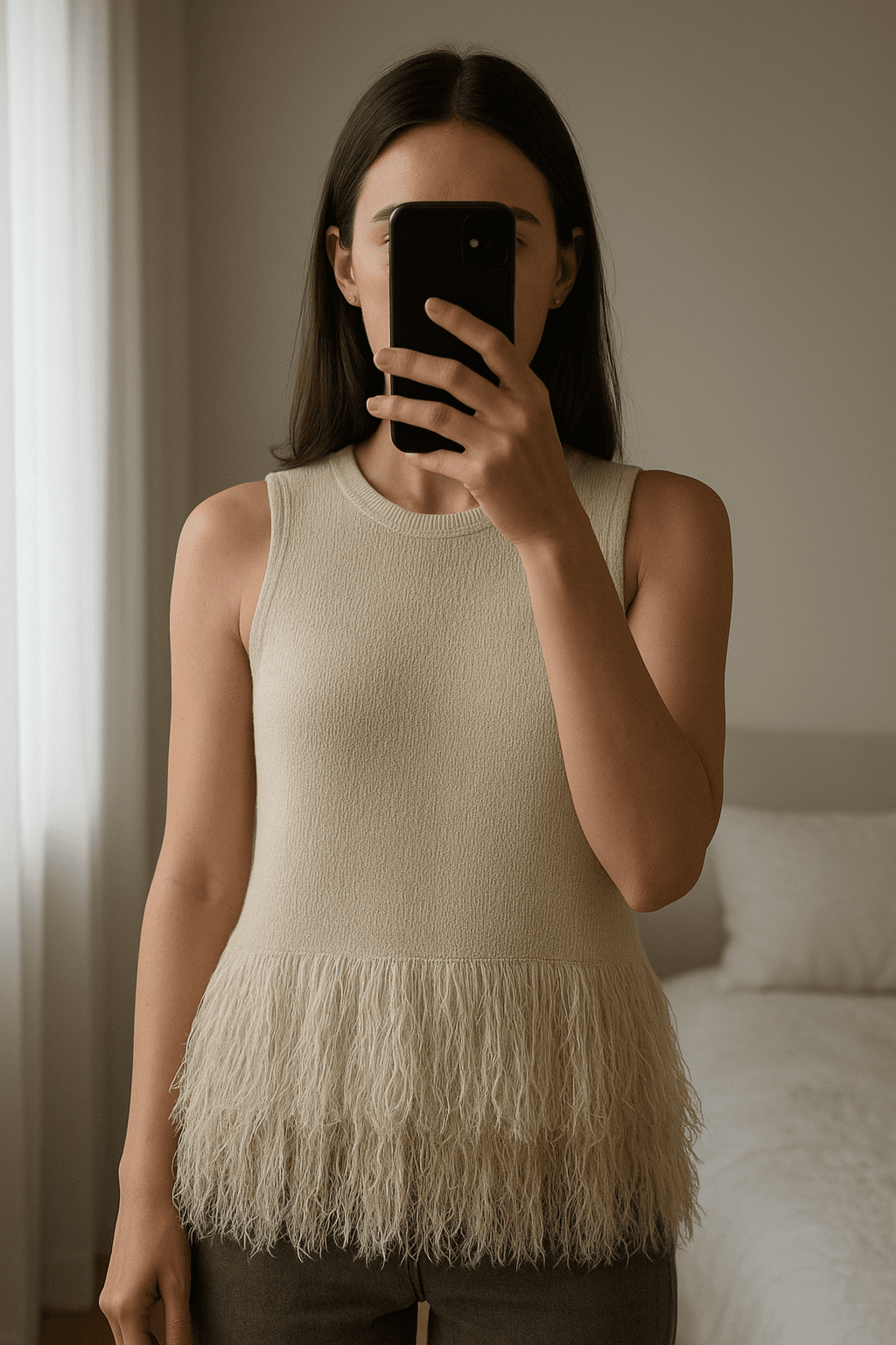 Top Crema de punto de Country Road Talla XS de pie, mirando a la cámara, en un dormitorio con luz suave y natural filtrándose por la ventana.