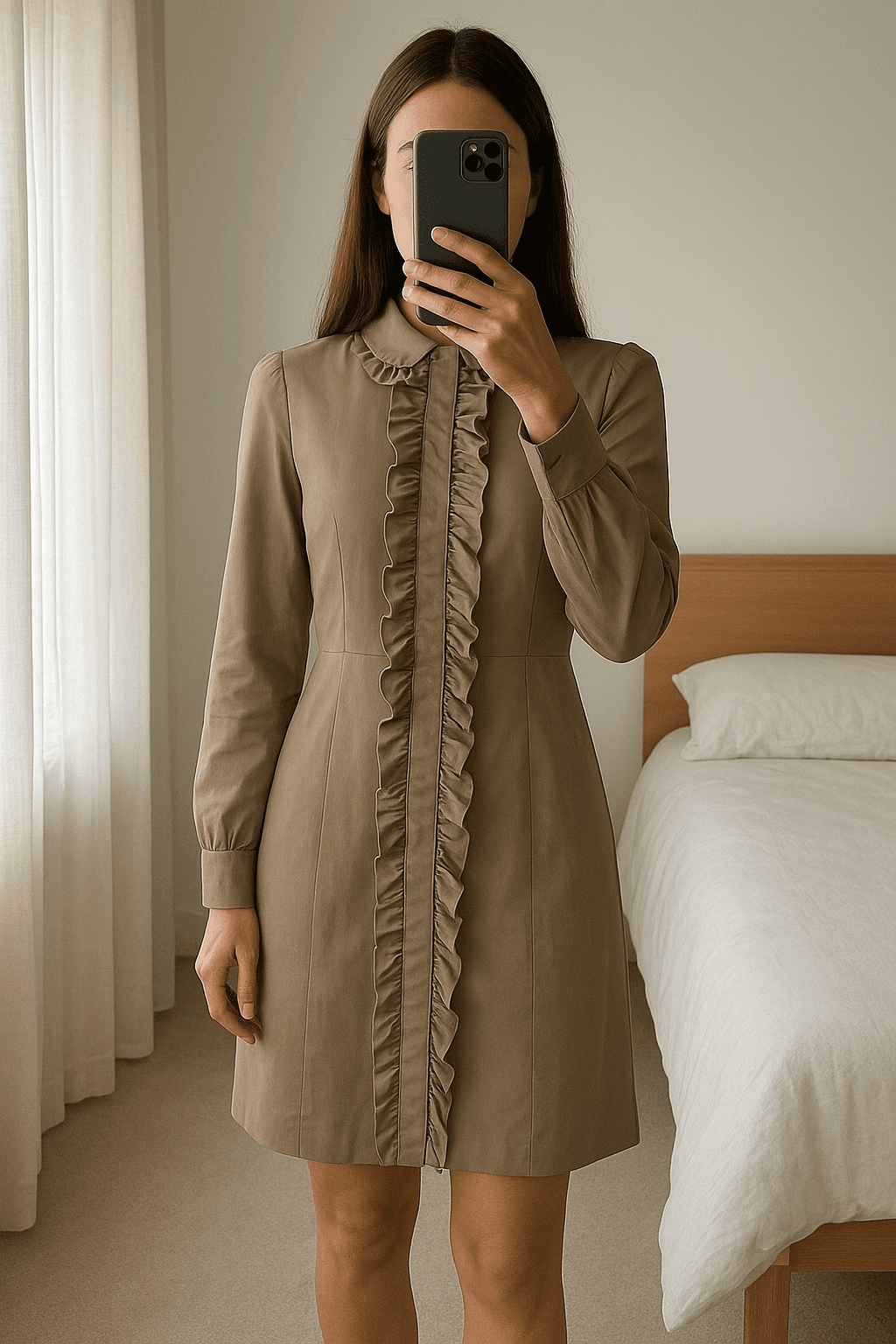 Vestido Chatik & Kertan talla XL de pie, mirando a la cámara, en un dormitorio con luz suave y natural filtrándose por la ventana.