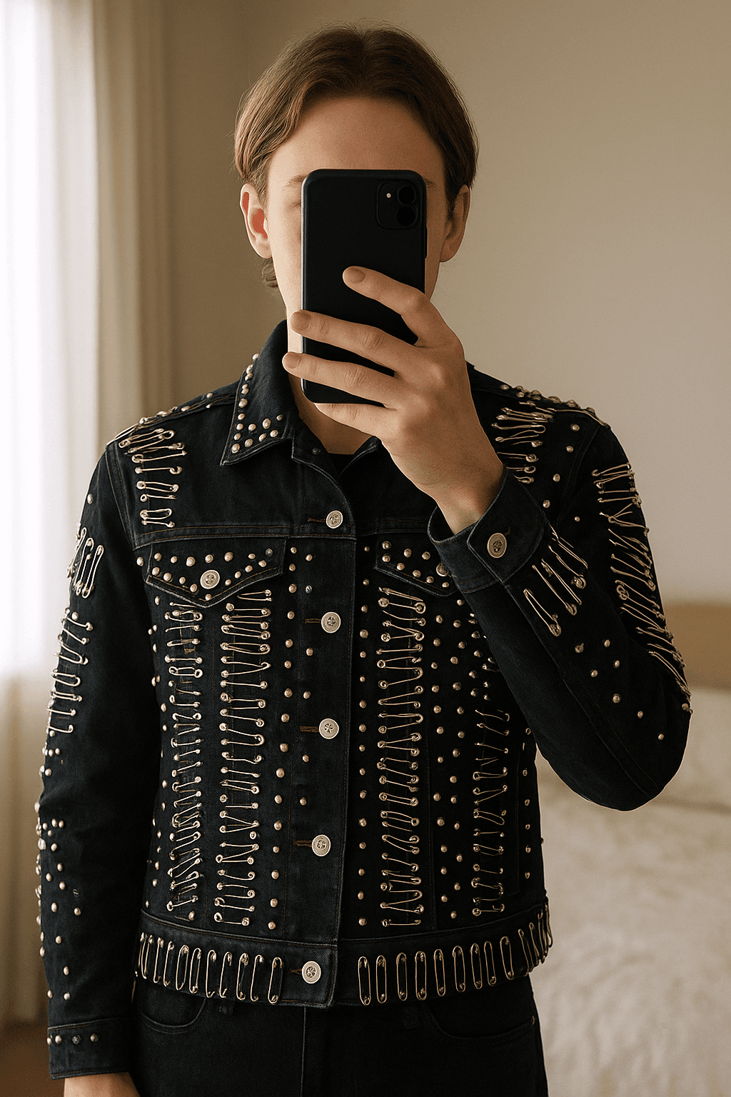 Diesel Veste Punk rock  S debout, face à la caméra, dans une chambre à la lumière douce, avec une lumière naturelle filtrant par la fenêtre.