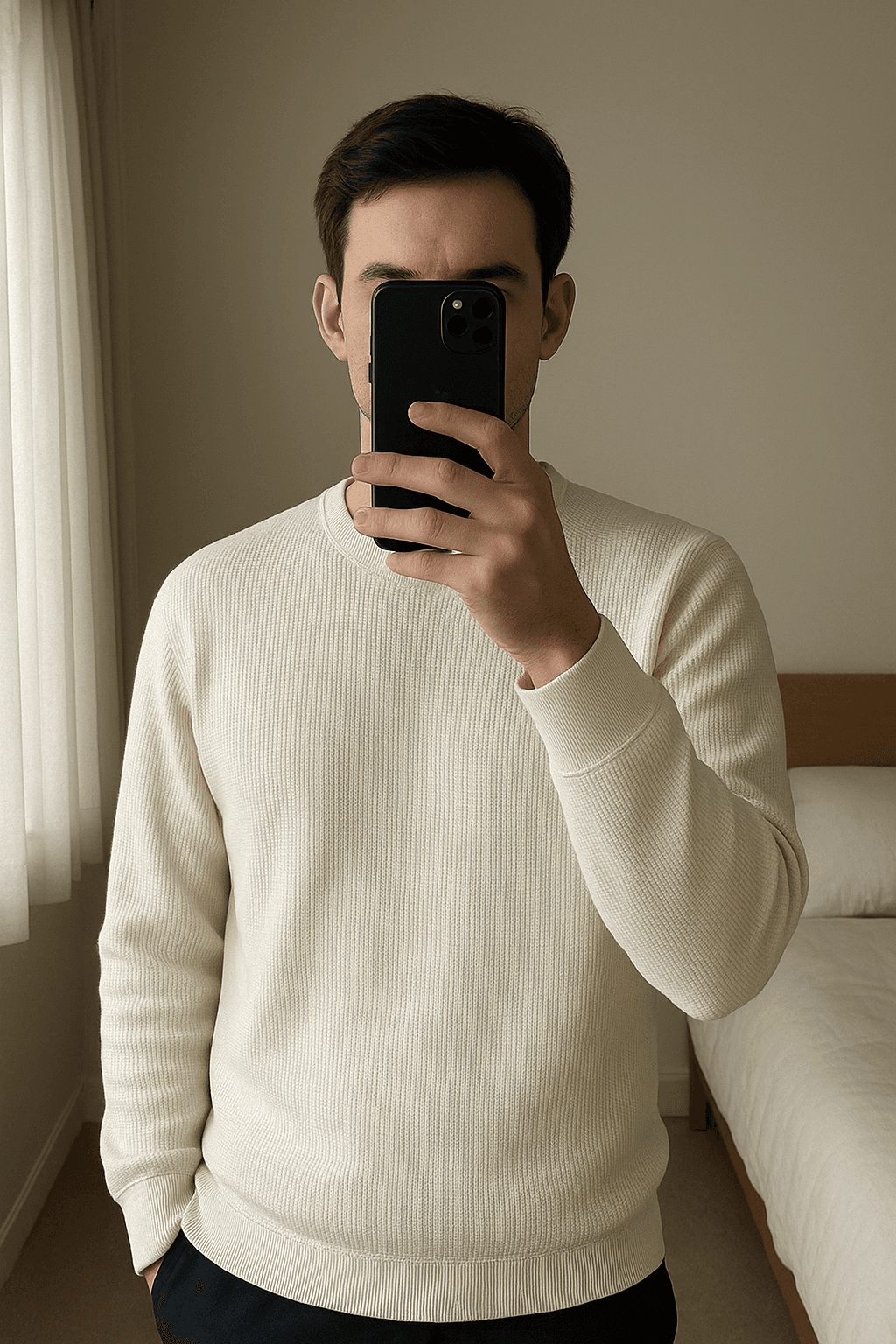 T-shirt thermal waffle debout, face à la caméra, dans une chambre à la lumière douce, avec une lumière naturelle filtrant par la fenêtre.