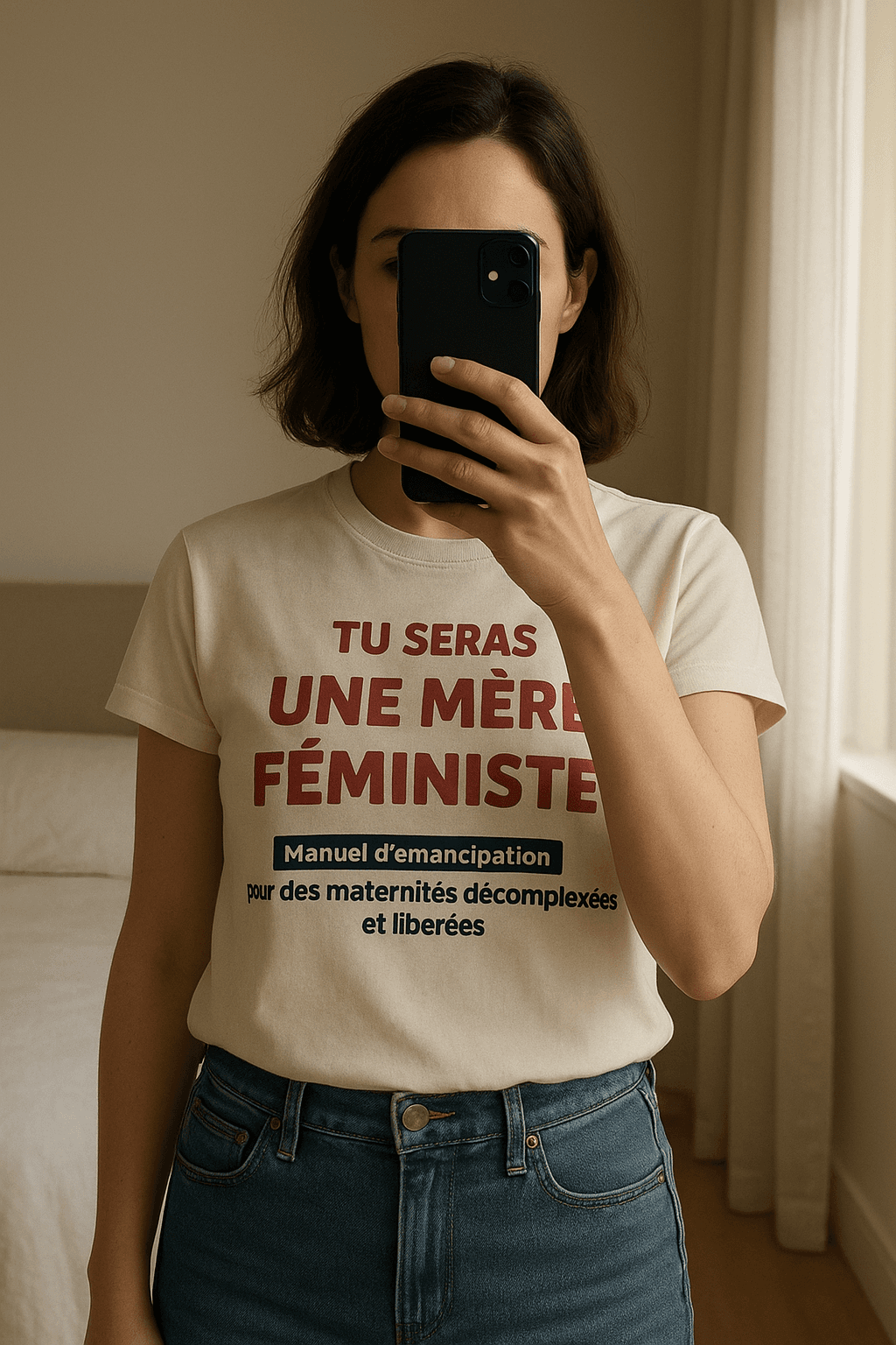 Livre Tu Seras une Mère Féministe ! debout, face à la caméra, dans une chambre à la lumière douce, avec une lumière naturelle filtrant par la fenêtre.