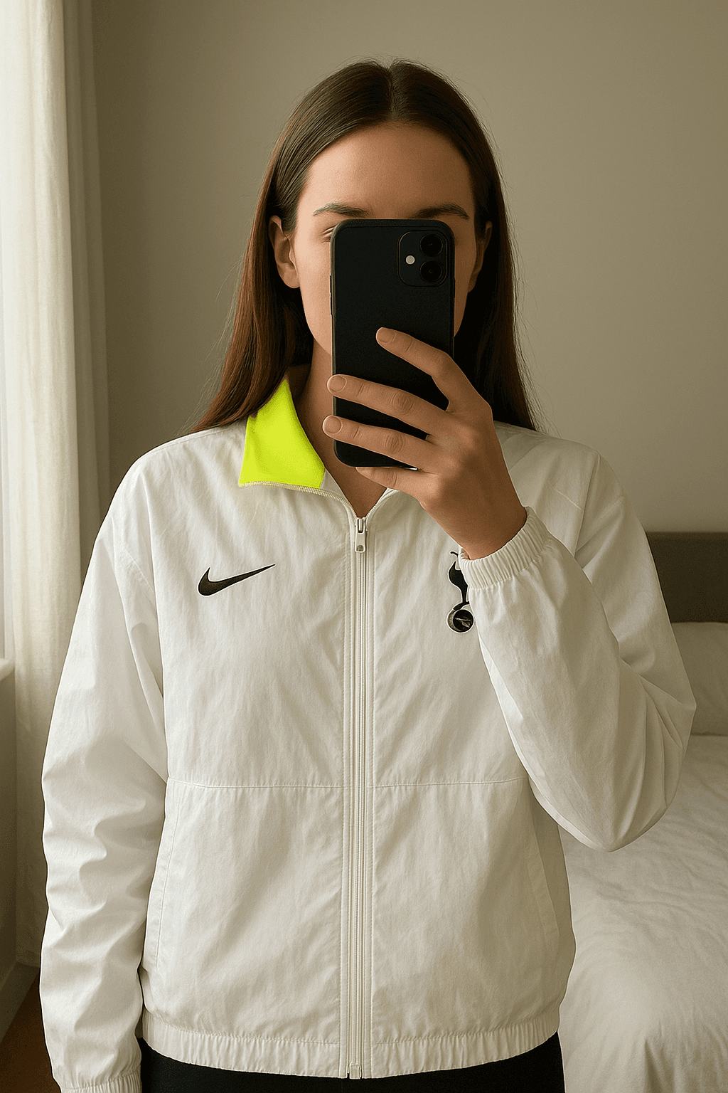NIKE - Chaqueta Tottenham F.C. Anthem 2022/23 - Blanco - XL de pie, mirando a la cámara, en un dormitorio con luz suave y natural filtrándose por la ventana.