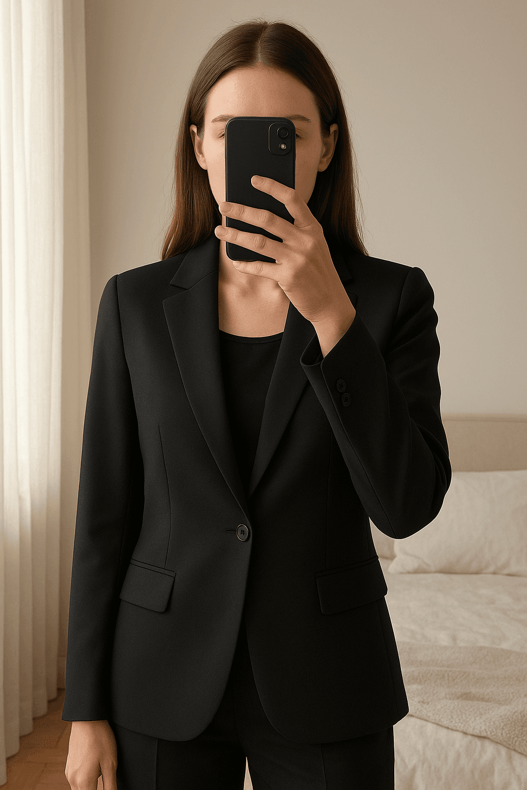 Chaqueta Blazer Americana mujer Roberto Torreta Azul marino Talla 38 de pie, mirando a la cámara, en un dormitorio con luz suave y natural filtrándose por la ventana.