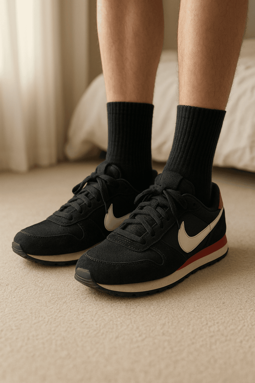 Chaussure Nike debout, face à la caméra, dans une chambre à la lumière douce, avec une lumière naturelle filtrant par la fenêtre.