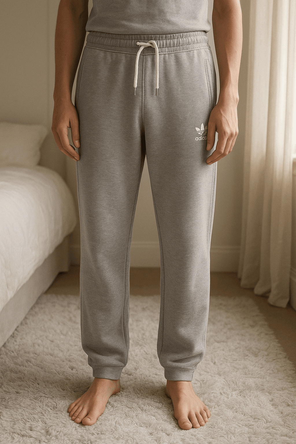 Adidas Originals Trefoil 40th Anniversary Edition Track Pants Grey Vintage Y2K 90cm de pie, mirando a la cámara, en un dormitorio con luz suave y natural filtrándose por la ventana.