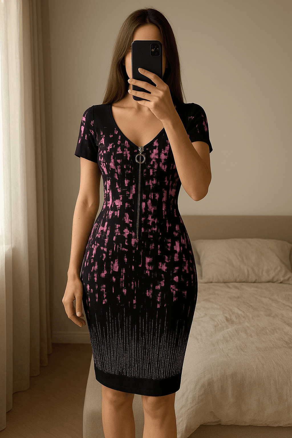 Vestido T.a.t.u talla 40 de pie, mirando a la cámara, en un dormitorio con luz suave y natural filtrándose por la ventana.