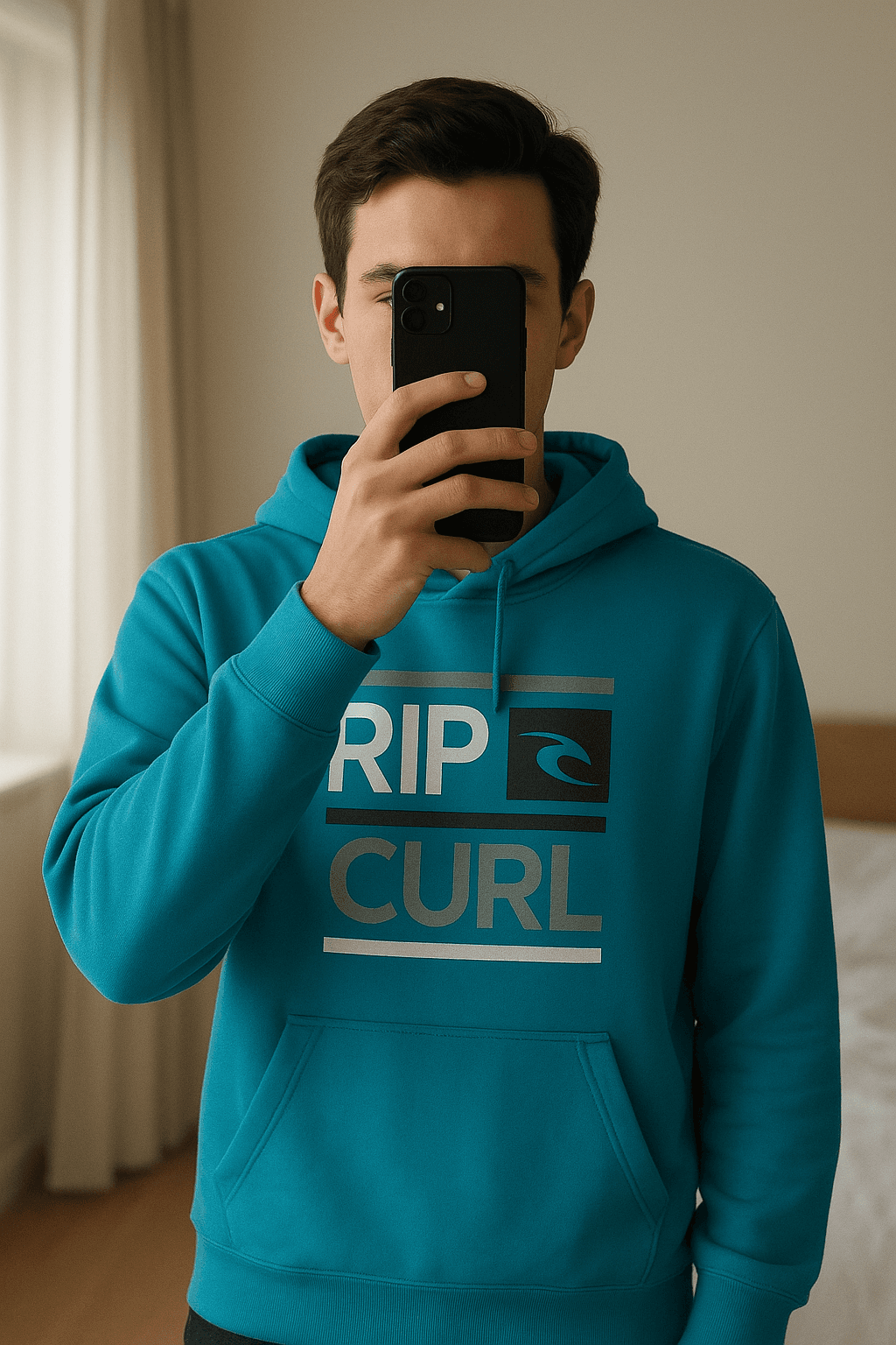 Sudadera Rip Curl Turquesa con Capucha y Logo Grande Surf Skate Streetwear Talla M de pie, mirando a la cámara, en un dormitorio con luz suave y natural filtrándose por la ventana.