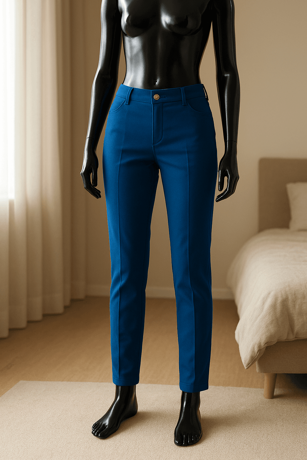 un maniquí negro brillante de plástico sin rasgos faciales con Pantalon taille 36 / Pantalón talla S de pie, mirando a la cámara, con tipo de cuerpo delgado, en un dormitorio con luz suave y natural filtrándose por la ventana.