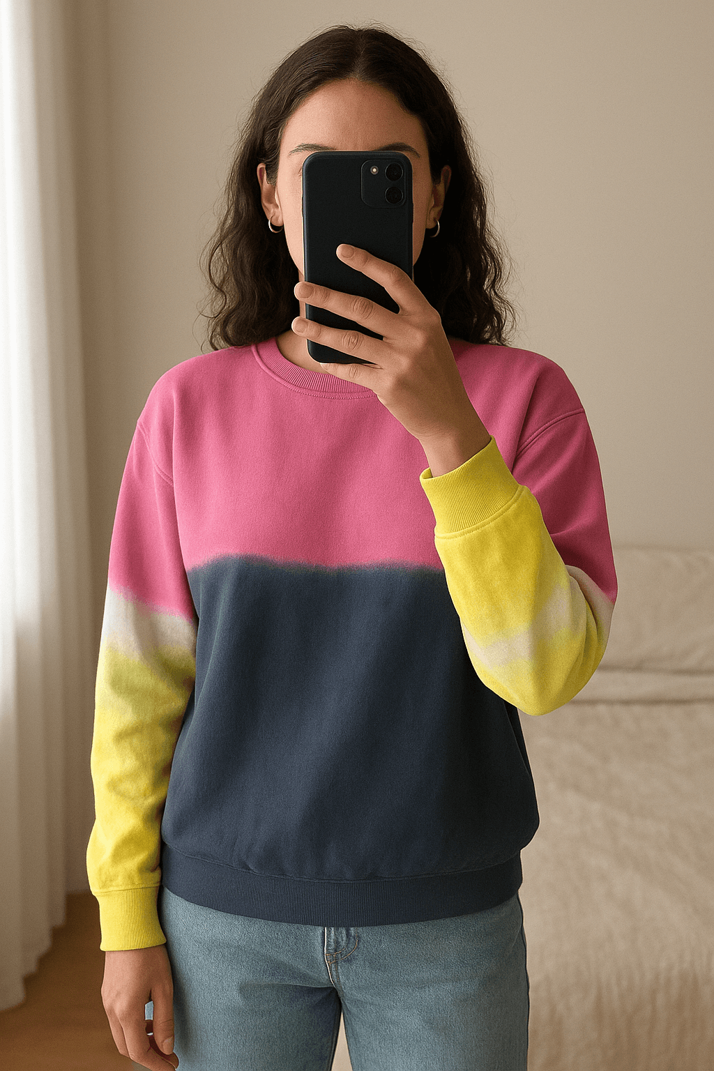 Pull & Bear βαμβακερό χρωματιστό φούτερ M 90’s vibe standing straight facing the camera, in a softly lit bedroom setting, with gentle natural light filtering through a window.