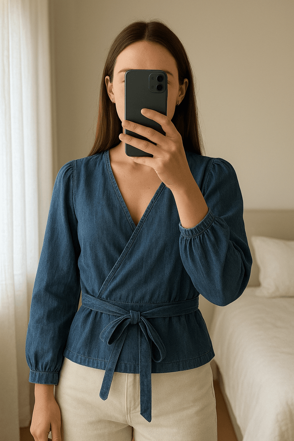 Camisa blusa Vaquera Denim Azul El Ganso Talla M de pie, mirando a la cámara, en un dormitorio con luz suave y natural filtrándose por la ventana.