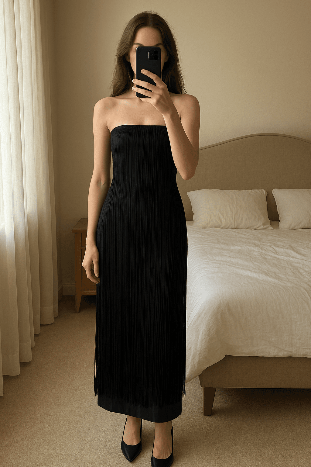 Robe noire à franges – style Charleston moderne – Taille S debout, face à la caméra, dans une chambre à la lumière douce, avec une lumière naturelle filtrant par la fenêtre.